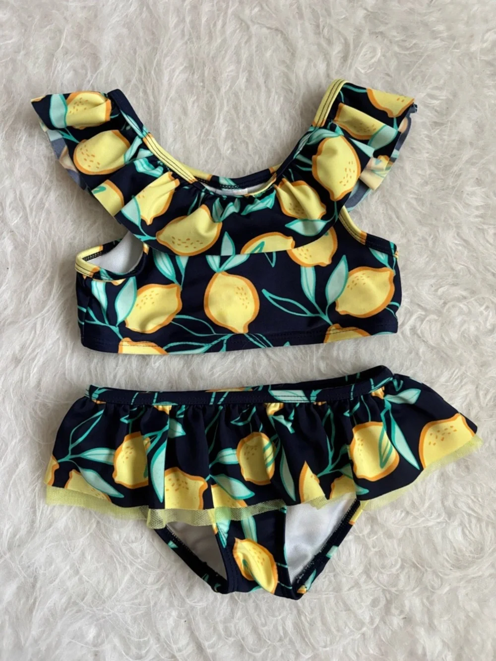 Cat & Jack Pool Ready Navy and Yellow Lemon Ruffle Two-Piece Toddler Bikini